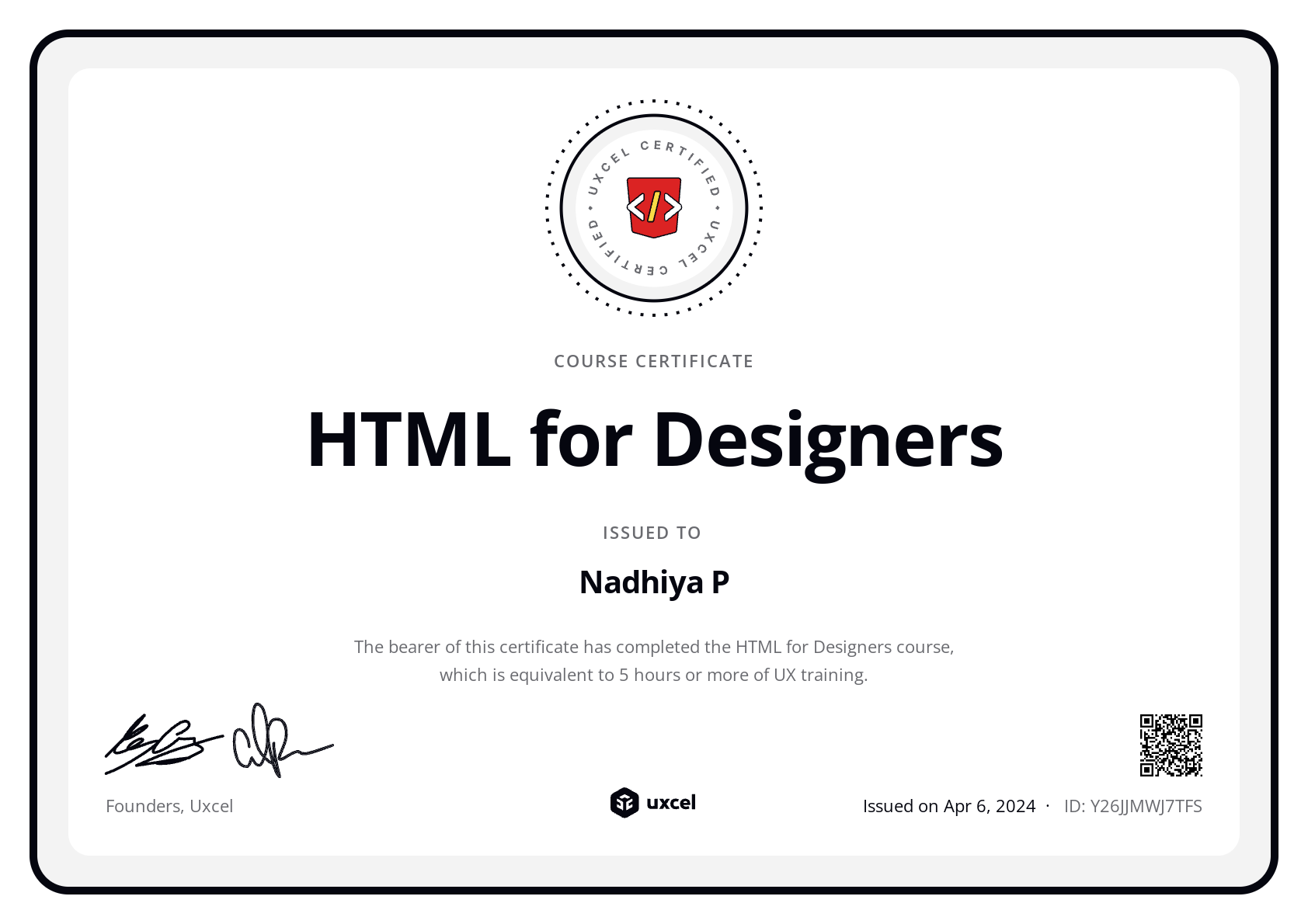 Nadhiya P's certificate